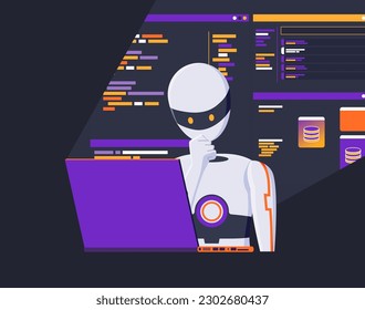 AI Coding Assistant Robot Programming Pair Code Refactoring Generation and Debugging Vector Illustration Concept