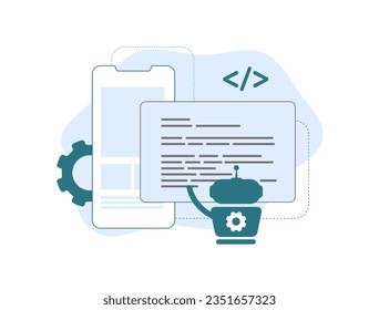 AI Coding Assistant Tools concept. Built generative AI-Powered mobile app. AI devops code writing vector isolated illustration on white background with icons