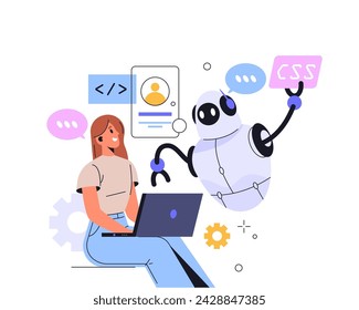 AI coding helper illustration. Vector artificial intelligence robot teaching programming or software technology. CSS and html technology web developer. Cartoon user learn computer science.Teach online