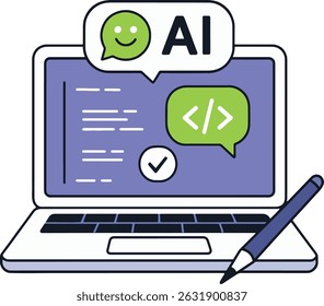 AI Coding Laptop Vector Illustration on White Background