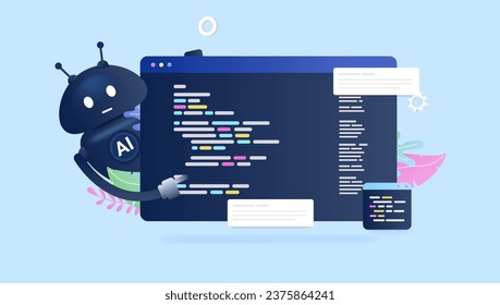 AI coding and programming - Artificial intelligence robot character writing code on computer screen. Automation and data concept, semi flat design vector illustration