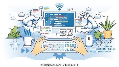 AI for coding and software developing automation outline hands concept. Artificial intelligence help with script programming and write code for websites vector illustration. Effective automation.