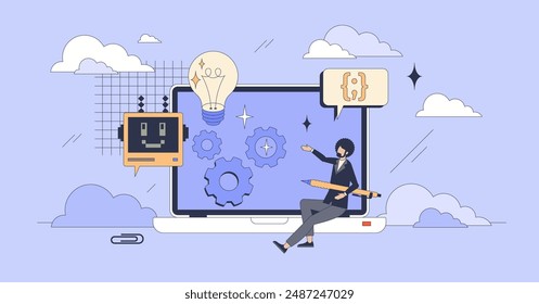 IA para la codificación y programación de software concepto neurutalismo de persona pequeña. Escribir script para Sitio web o aplicación con asistencia de inteligencia artificial y Ilustración vectorial de ayuda de automatización.