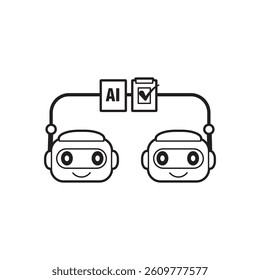 AI Collabbot - Two AI robots connected with data sharing and checklist, symbolizing collaboration, artificial intelligence, machine learning, automation, teamwork, and futuristic technology.