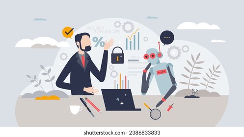 AI collaboration and artificial intelligence for business tiny person concept. Financial advice, calculations or consulting robot as support for businessman vector illustration. Tech collaboration.