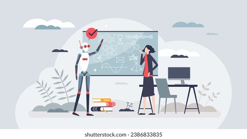 AI collaboration and artificial intelligence for teaching tiny person concept. Innovative school solutions with high tech technology vector illustration. Learning process with robots assistance.