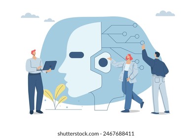 AI, Collaboration of personnel or company employees with artificial intelligence, New technological advances and innovations, Business team meeting with robot head, Vector design illustration.