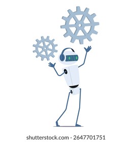 AI collaboration and teamwork in business process management and development cartoon metaphor. Cute robot and cogwheels vector illustration. Artificial intelligence and innovation technology