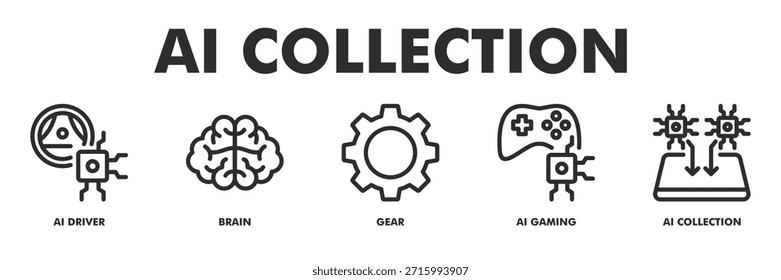ILUSTRACIÓN VECTORIAL de icono de Anuncio de Web de Colección de IA para interfaces de sistema con cerebro, engranajes, juegos de IA, Colección de IA, configuración.