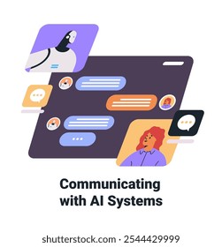 AI communication concept chat interface humans robots colorful dialogue bubbles diverse characters digital interaction web design