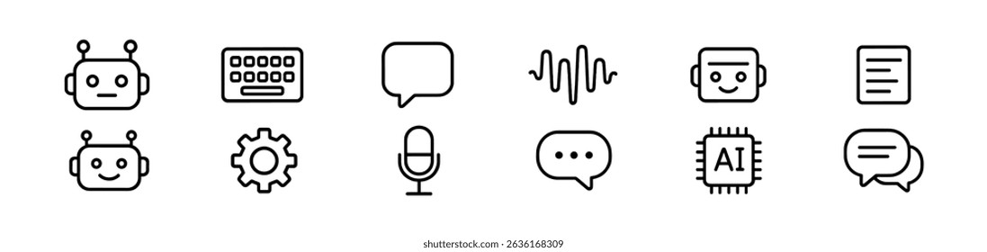 Ai and communication line icon set - clean, chatbot, voice interface symbols