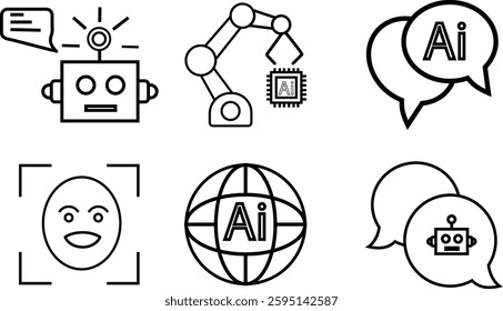 AI Communication and Robotics Icon Set – Collection of Digital Icons Representing Chatbots, Automation, Facial Recognition, and Global AI Networks with Transparent Background. - Powered by Shutterstock - Get 15% off with code: PIKWIZARD15