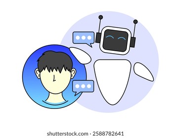 AI companion interacts with humans. featuring a robot with a screen showing a friendly expression, and a human figure with a speech bubble. symbolizes communication and technology.