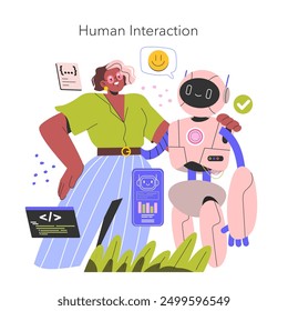 Ilustración de compañerismo de IA. Una mujer y su asistente robot humanoide interactúan, señalando la mezcla de tecnología y vida diaria. Ilustración vectorial.