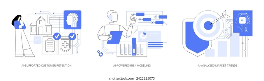 IAI para productos de seguros competitivos conjunto de ilustraciones vectoriales conceptuales abstractas. Retención de clientes con soporte de IA, Modelado de riesgos con ayuda de IA, metáfora abstracta de tendencias de mercado con análisis de IA.