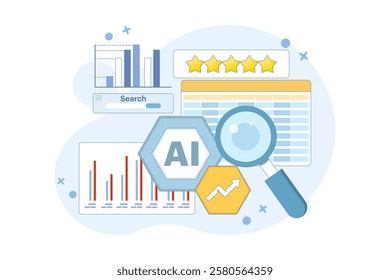 AI Competitor Analysis Concept for SEO. Use AI tools to analyze competitor SEO strategies and identify opportunities. Outline of AI analysis comparing SEO metrics. Flat design illustration.