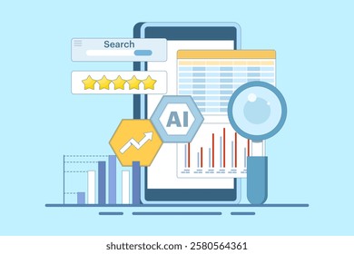 AI Competitor Analysis Concept for SEO. Use AI tools to analyze competitor SEO strategies and identify opportunities. Outline of AI analysis comparing SEO metrics. Flat design illustration.