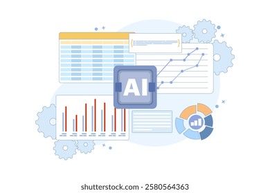 AI Competitor Analysis Concept for SEO. Use AI tools to analyze competitor SEO strategies and identify opportunities. Outline of AI analysis comparing SEO metrics. Flat design illustration.