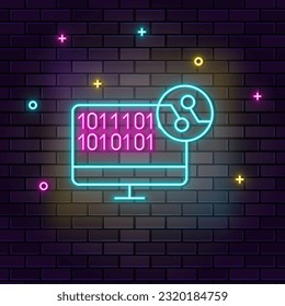 Ai, computer, code icon , neon on wall. Dark background brick wall neon icon.
