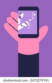 AI Computer help assistant and stars icon. Artificial intelligence logo. Machine learning. Create an image and text sign. Data Science. Flat vector illustration.