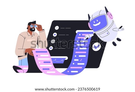 AI computer help to programmer writing, check, scan code. Robot and man coworking in programming, work. Modern automation technology. Neural networks concept flat isolated vector illustration on white