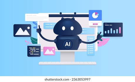 Ai computer helper - Artificial intelligence robot character working on various abstract tasks and software. Vector illustration with blue background