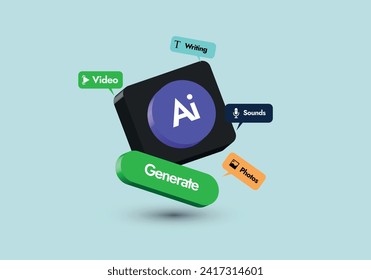 AI concept. Artificial intelligence concept in button form, with chatbot icons. Ai tools of image and video generation, music production, chatbot on different colours speech bubble.