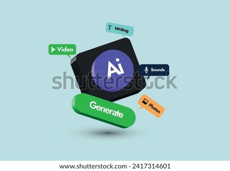 AI concept. Artificial intelligence concept in button form, with chatbot icons. Ai tools of image and video generation, music production, chatbot on different colours speech bubble.
