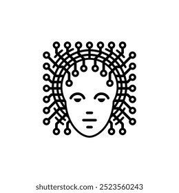 Ai Concept. Artificial intelligence icon, sign or emblem. Head with an electronic circuit in black and white a graphic line art style. Robot head as a processor for a board. Vector illustration