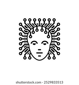 Ai Concept. Artificial intelligence icon, sign or emblem. Head with an electronic circuit in black and white a graphic line art style. Robot head as a processor for a board. Vector illustration
