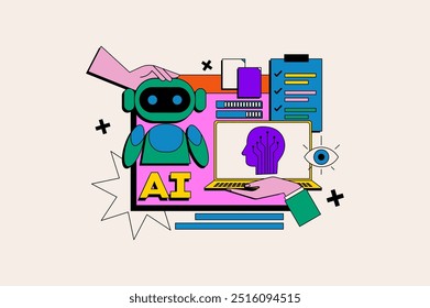 AI conceito no estilo de desenho animado plano. Uma ilustração colorida mostrando um robô, bem como uma mão, um laptop exibindo um cérebro de inteligência artificial. Ilustração vetorial.