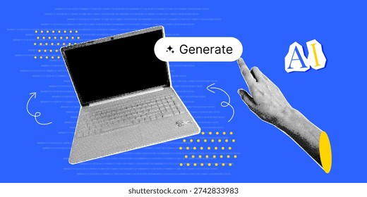 AI concept generate function on laptop with human hand interaction. Artificial intelligence technology and automation system banner in retro halftone collage style. Vector illustration