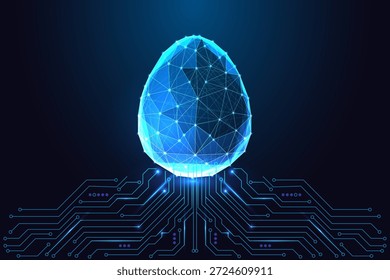 AI concept with glowing egg symbolizing birth of artificial intelligence and technology. Digital circuit, polygon mesh, blue neon. Futuristic style vector illustration.