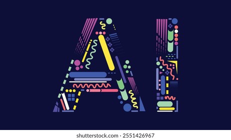 conceito de IA. Logotipo ou ícone do AI. Fundo de inteligência artificial ou banner. ai texto criado com formas de diversão geométrica colorida. fundo azul escuro