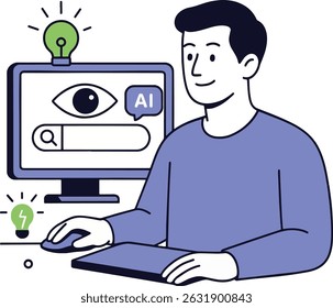 AI Concept, Man Using AI on Computer, Vector Illustration.