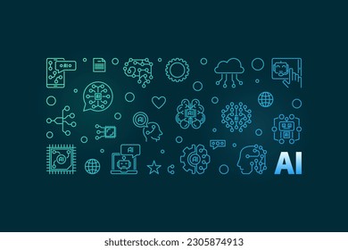AI Konzept umrissen farbiges Banner. Künstliche Intelligenz, Vektorgrafik, horizontale Illustration auf dunklem Hintergrund