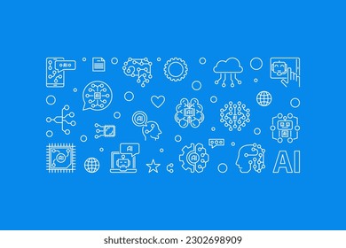 Banner azul horizontal de esquema de concepto de IA. Gráfico mínimo del vector de inteligencia artificial