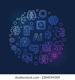 AI concept outline round colored banner. Artificial Intelligence vector line illustration on dark background