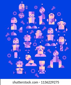 AI concept. Robot fun. Innovation pattern background, cartoon, illustration, clip art, vector. Blue background.