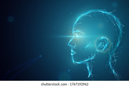 Antecedentes vectoriales de concepto Ai. Resumen de la cabeza humana artificial con la luz de los ojos. Ilustración digital de visión futura con espacio vacío en el lado izquierdo.