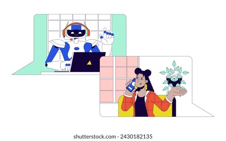 AI consultant 2D linear illustration concept. Robot assistant answering customer questions cartoon characters isolated on white. Software development metaphor abstract flat vector outline graphic