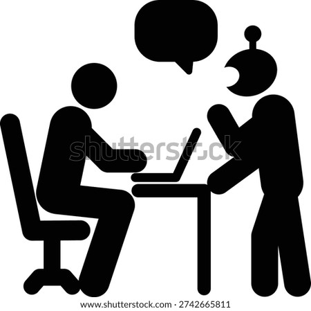 AI Consultation and Digital Advisory Robot Icon, Artificial intelligence robot advising human at laptop representing AI consultation