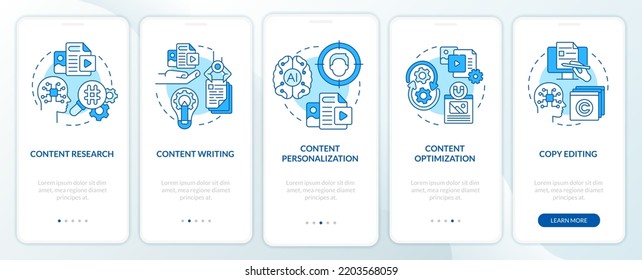 IA en pantalla de aplicación móvil en conexión azul de contenido. Recorrido en línea de negocios 5 pasos instrucciones gráficas editables con conceptos lineales. UI, UX, plantilla GUI. Multitud de tipos de letra Pro-Bold, con uso regular