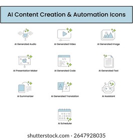 AI Content Creation and Automation Icon Set – Smart Tools for Image, Video, Audio, Text, Code, and Workflow Solutions icons. Vector illustration