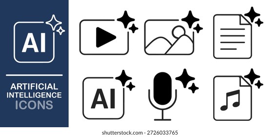 Conjunto de ícones de linha de criação de conteúdo AI, arquivos de mídia símbolos de imagem de áudio de vídeo de documento, coleção de vetores de estrutura de tópicos mínima no fundo transparente