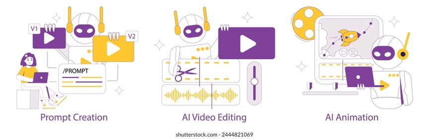 Conjunto de creación de contenido AI. Un proceso completo desde la escritura de Instrucción Video hasta El futuro de los contenidos digitales. Ilustración vectorial.