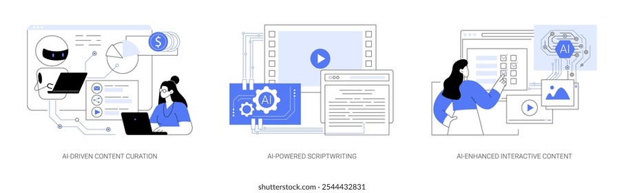 Conjunto de ilustrações vetoriais do conceito abstrato das ferramentas de criação de conteúdo do AI. Curadoria de conteúdo orientada por IA, Roteirização baseada em IA, conteúdo interativo aprimorado por IA, metáfora abstrata de produção de vídeo.