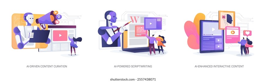 AI content creation tools abstract concept vector illustration set. AI-Driven Content Curation, AI-Powered Scriptwriting, AI-Enhanced Interactive Content, video production abstract metaphor.