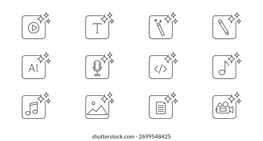 AI Ferramentas de Criação de Conteúdo Jogar, Texto, Varinha Mágica, Lápis, Microfone, Música, Código, Imagem, Documento e Conjunto de Ícones de Linha de Vídeo. Símbolos criativos do gerador de IA de multimídia. Ilustração de vetor isolada.