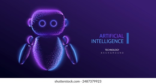 Ai content cyborg vector. Artificial intelligence futuristic particle robot. Chat bot technology and science design. Bot in neon style background. 